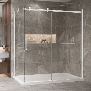 Porte de douche 72 po x Bellini 2.0 42 po en coin blanc mat fermeture sur retour mur à droite porte à gauche