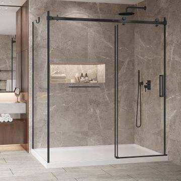 Porte de douche 72 po x Bellini 2.0 42 po en coin noir mat fermeture sur mur mur à droite