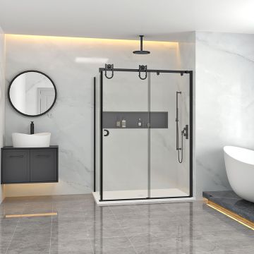 Porte de douche Barn en coin fermeture sur retour mur à droite porte à gauche en noir mat