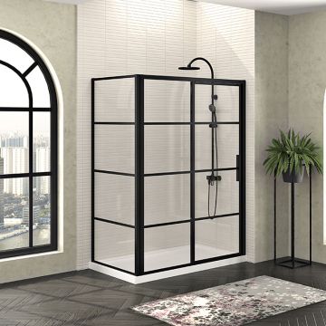 Porte de douche 60 po x Mecanex 36 po en coin noir mat fermeture sur mur mur à droite porte à droite