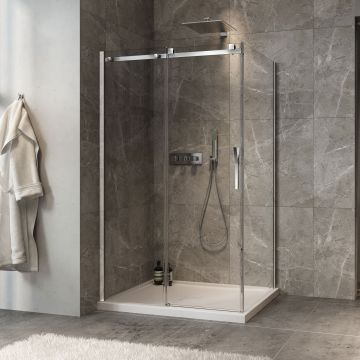 Porte de douche 48 po x Minia 36 po en coin chrome fermeture sur retour mur à gauche porte à droite
