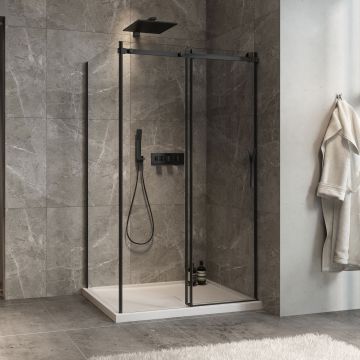 Porte de douche 48 po x Minia 36 po en coin noir mat fermeture sur mur mur à droite porte à droite