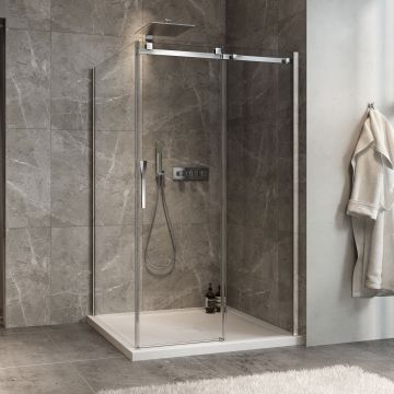 Porte de douche 48 po x Minia 42 po en coin chrome fermeture sur retour mur à droite porte à gauche