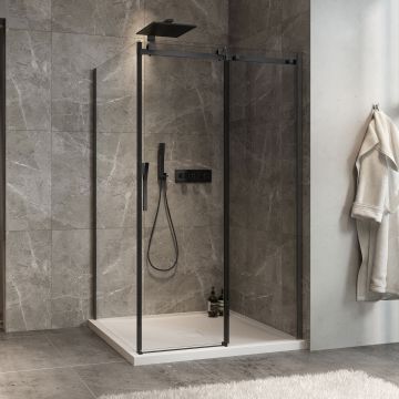 Porte de douche 48 po x Minia 42 po en coin noir mat fermeture sur retour mur à droite porte à gauche