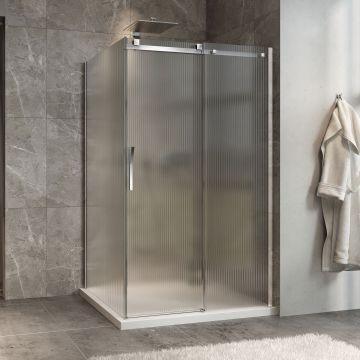 Porte de douche 48 po x Minia 42 po en coin chrome fermeture sur retour mur à droite porte à gauche en chrome et verre flûte