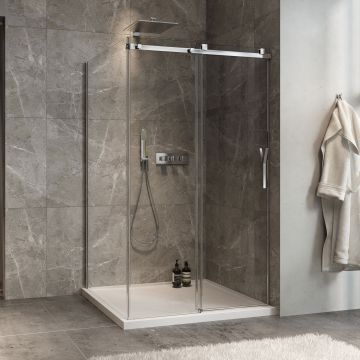 Porte de douche 48 po x Minia 42 po en coin chrome fermeture sur mur mur à droite porte à droite