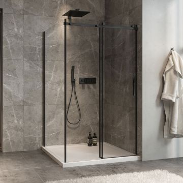 Porte de douche 48 po x Minia 42 po en coin noir mat fermeture sur mur mur à droite porte à droite
