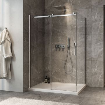 Porte de douche 54 po x Minia 36 po en coin chrome fermeture sur retour mur à gauche porte à droite
