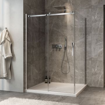 Porte de douche 54 po x Minia 42 po en coin chrome fermeture sur retour mur à gauche porte à droite