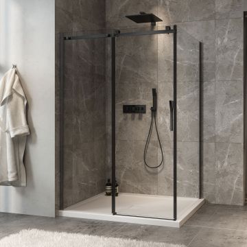 Porte de douche 54 po x Minia 42 po en coin noir mat fermeture sur retour mur à gauche porte à droite