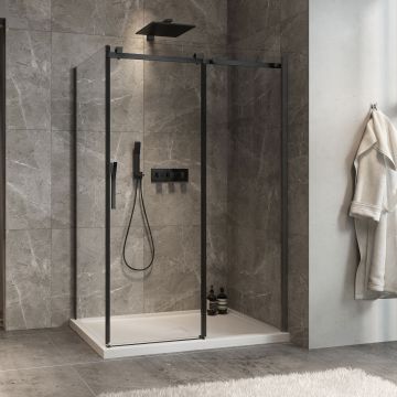 Porte de douche 54 po x Minia 36 po en coin noir mat fermeture sur retour mur à droite porte à gauche