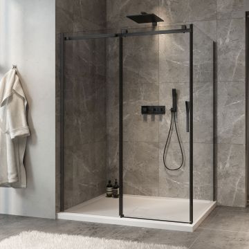 Porte de douche 60 po x Minia 42 po en coin noir mat fermeture sur retour mur à gauche porte à droite