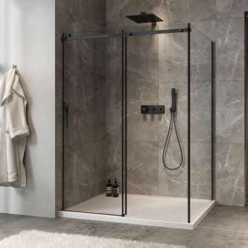 Porte de douche 60 po x Minia 42 po en coin noir mat fermeture sur mur mur à gauche porte à gauche