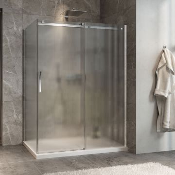 Porte de douche 60 po x Minia 36 po en coin chrome fermeture sur retour mur à droite porte à gauche en chrome et verre flûte