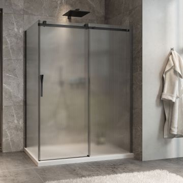 Porte de douche 60 po x Minia 36 po en coin noir mat fermeture sur retour mur à droite porte à gauche en noir mat et verre flûte