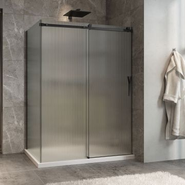 Porte de douche 60 po x Minia 36 po en coin noir mat fermeture sur mur mur à droite porte à droite en noir mat et verre flûte