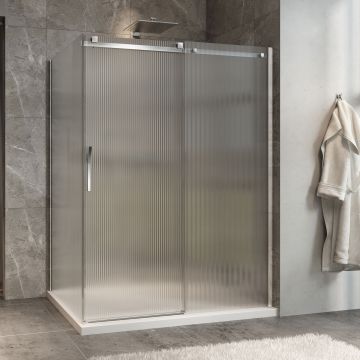 Porte de douche 60 po x Minia 42 po en coin chrome fermeture sur retour mur à droite porte à gauche en chrome et verre flûte