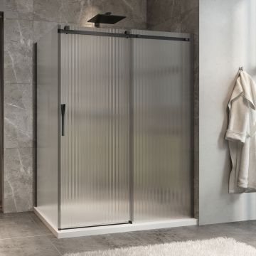 Porte de douche 60 po x Minia 42 po en coin noir mat fermeture sur retour mur à droite porte à gauche en noir mat et verre flûte
