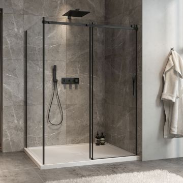 Porte de douche 60 po x Minia 42 po en coin noir mat fermeture sur mur mur à droite porte à droite