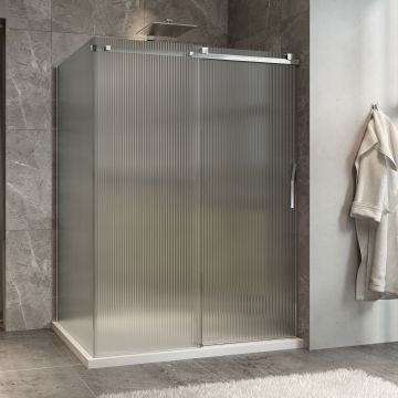 Porte de douche 60 po x Minia 42 po en coin chrome fermeture sur mur mur à droite porte à droite en chrome et verre flûte