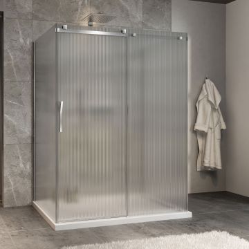 Porte de douche 60 po x Minia 42 po chrome sur mur porte à gauche en chrome et verre flûte