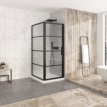 Porte de douche 36 po x Materia 42 po en coin noir mat carré mur à droite