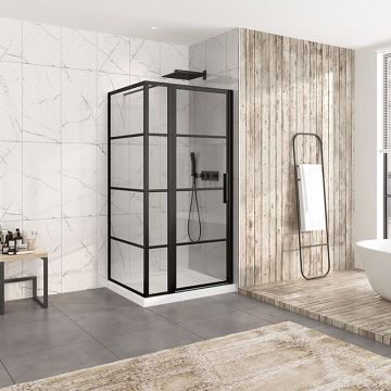 Porte de douche 42 po x Materia 36 po en coin noir mat rectangulaire porte décentrée mur à droite