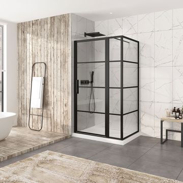 Porte de douche 48 po x Materia 36 po en coin noir mat rectangulaire porte décentrée mur à gauche