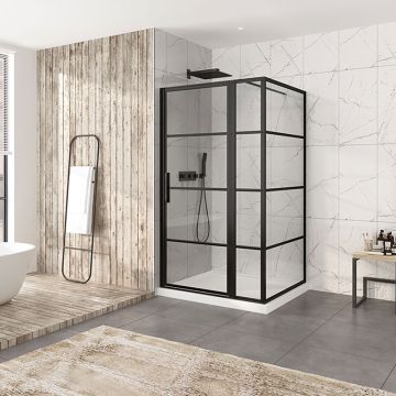 Porte de douche 48 po x Materia 42 po en coin noir mat rectangulaire porte décentrée mur à gauche