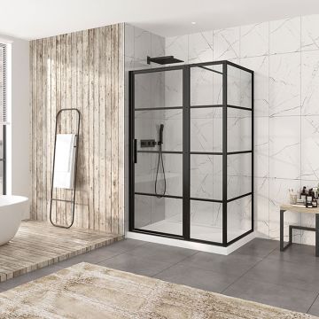 Porte de douche 54 po x Materia 32 po en coin noir mat rectangulaire porte décentrée mur à gauche