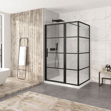 Porte de douche 54 po x Materia 42 po en coin noir mat rectangulaire porte décentrée mur à gauche