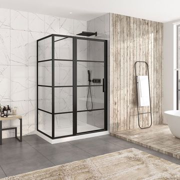 Porte de douche 54 po x Materia 32 po en coin noir mat rectangulaire porte décentrée mur à droite