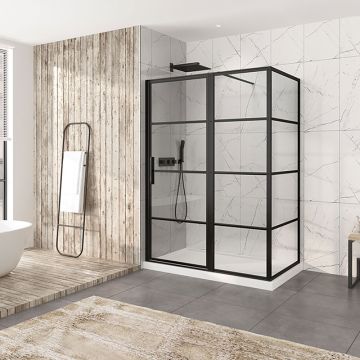 Porte de douche 60 po x Materia 36 po en coin noir mat rectangulaire porte décentrée mur à gauche