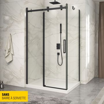 Porte de douche 48 po x Piazza 32 po en coin noir mat fermeture sur retour mur à gauche porte à droite