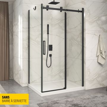 Porte de douche 48 po x Piazza 32 po en coin noir mat fermeture sur retour mur à droite porte à gauche