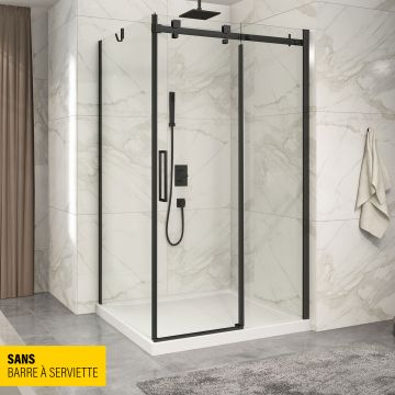 Porte de douche 48 po x Piazza 42 po en coin noir mat fermeture sur retour mur à droite porte à gauche