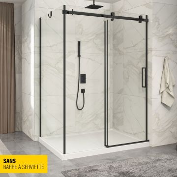 Porte de douche 60 po x Piazza 42 po en coin noir mat fermeture sur mur mur à droite