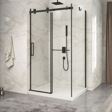 Porte de douche 48 po x Piazza 2.0 32 po en coin noir mat fermeture sur mur mur à gauche porte à gauche