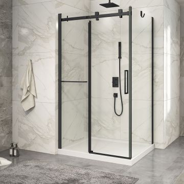 Porte de douche 48 po x Piazza 2.0 36 po en coin noir mat fermeture sur retour mur à gauche porte à droite