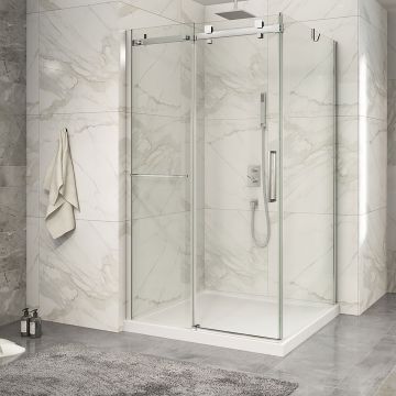 Porte de douche 48 po x Piazza 2.0 42 po en coin chrome fermeture sur retour mur à gauche porte à droite