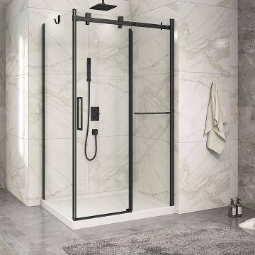 Porte de douche 48 po x Piazza 2.0 32 po en coin noir mat fermeture sur retour mur à droite porte à gauche