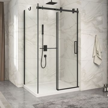 Porte de douche 48 po x Piazza 2.0 36 po en coin noir mat fermeture sur mur mur à droite