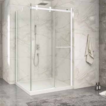 Porte de douche 48 po x Piazza 2.0 42 po en coin blanc mat fermeture sur retour mur à droite porte à gauche
