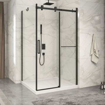 Porte de douche 48 po x Piazza 2.0 42 po en coin noir mat fermeture sur retour mur à droite porte à gauche