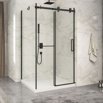 Porte de douche 48 po x Piazza 2.0 42 po en coin noir mat fermeture sur mur mur à droite