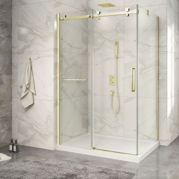 Porte de douche 54 po x Piazza 2.0 32 po en coin or brossé fermeture sur retour mur à gauche porte à droite en or brossé