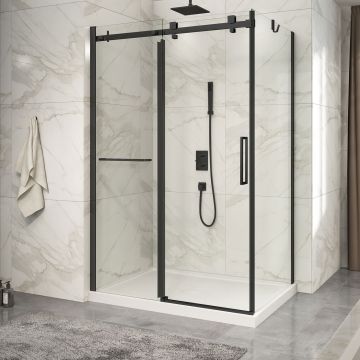 Porte de douche 54 po x Piazza 2.0 32 po en coin noir mat fermeture sur retour mur à gauche porte à droite