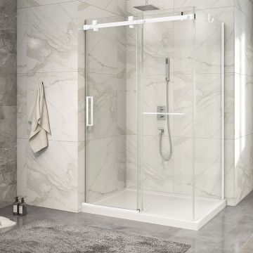 Porte de douche 54 po x Piazza 2.0 32 po en coin blanc mat fermeture sur mur mur à gauche porte à gauche
