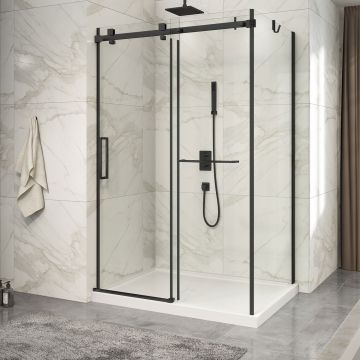 Porte de douche 54 po x Piazza 2.0 36 po en coin noir mat fermeture sur mur mur à gauche porte à gauche