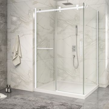 Porte de douche 54 po x Piazza 2.0 42 po en coin blanc mat fermeture sur retour mur à gauche porte à droite
